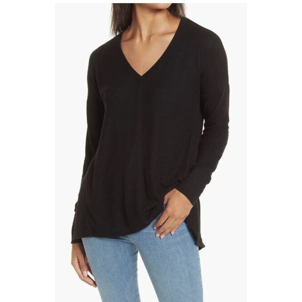 Gibson Women's‎ Cozy Long Sleeve V-Neck Tunic in Black Petite XSmall MSRP $54